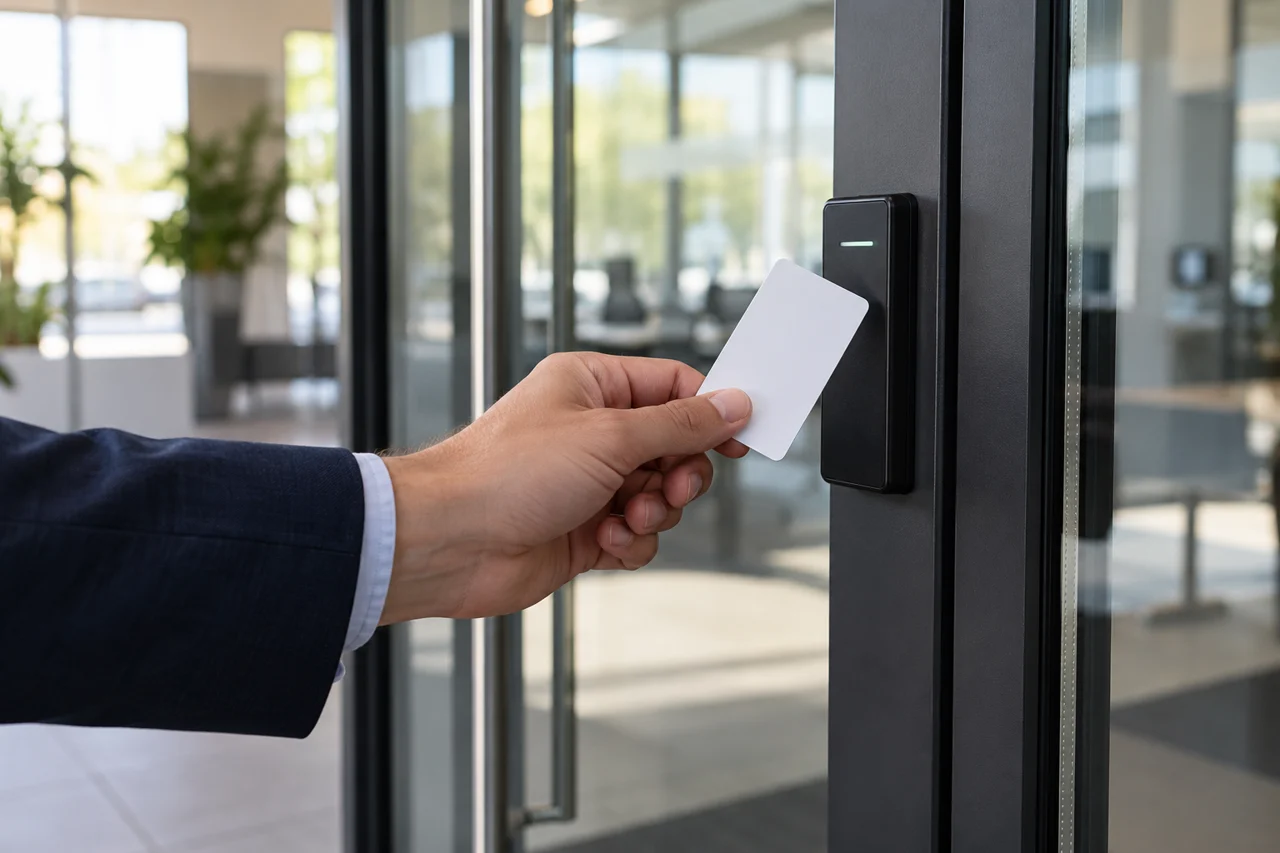 An access card held beside an office door reader