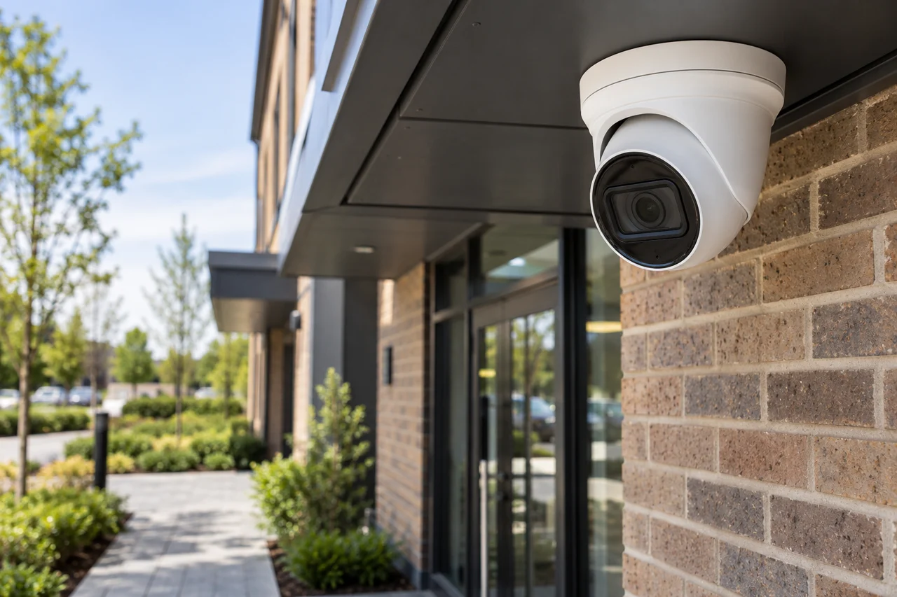 A security camera overlooking a building entrance