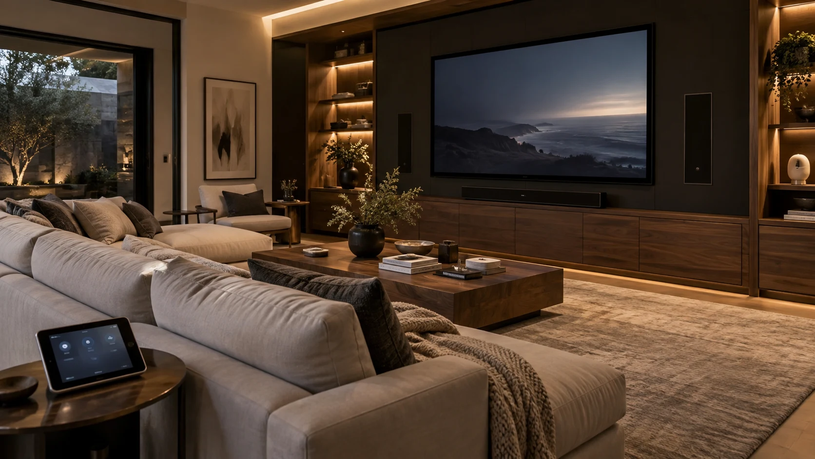 A comfortable home cinema with warm ambient lighting