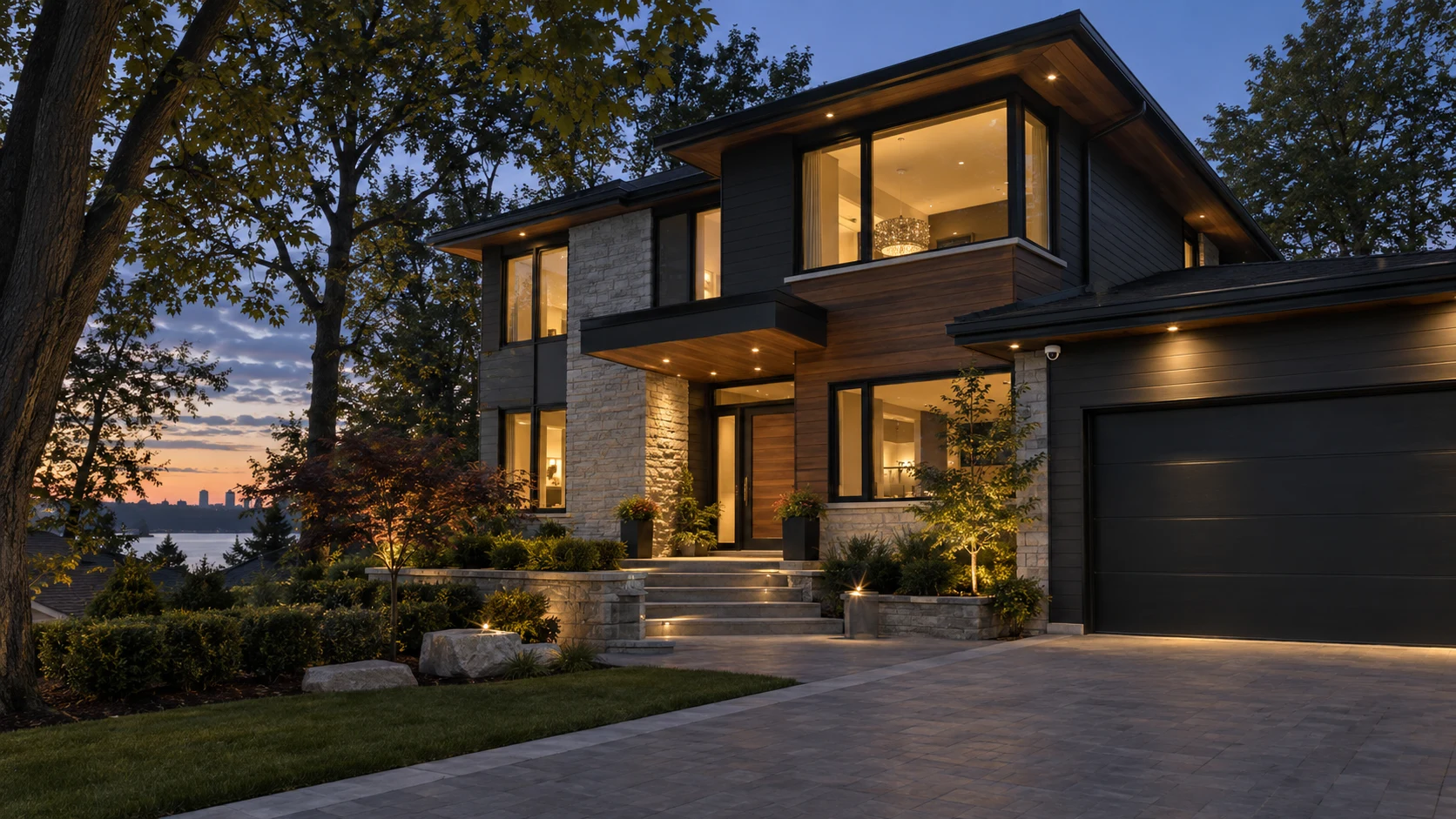 A warmly lit contemporary home at dusk